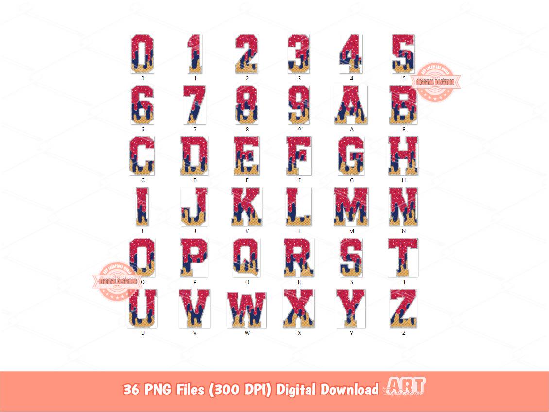 Red Navy Drip Varsity Alphabet PNG, Patriotic Drippy Ice Cream Letters & Numbers Clipart