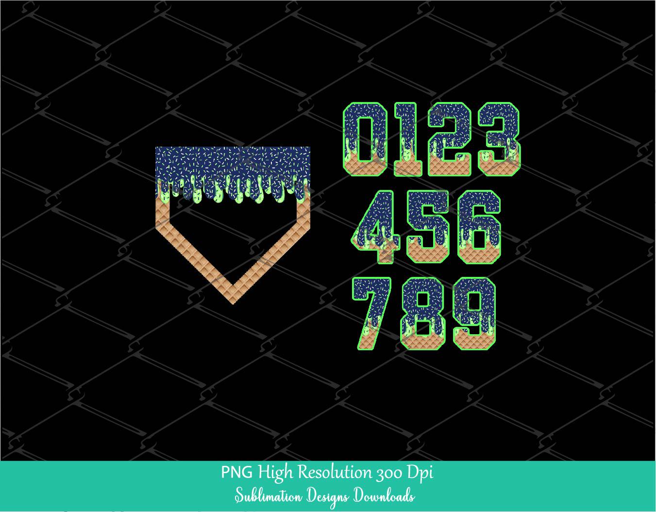 Sprinkle Drip Home Plate and Numbers PNG Bundle Clipart, Navy & Lime Green Drippy Ice cream Cone Waffle Trendy Sport Baseball softball
