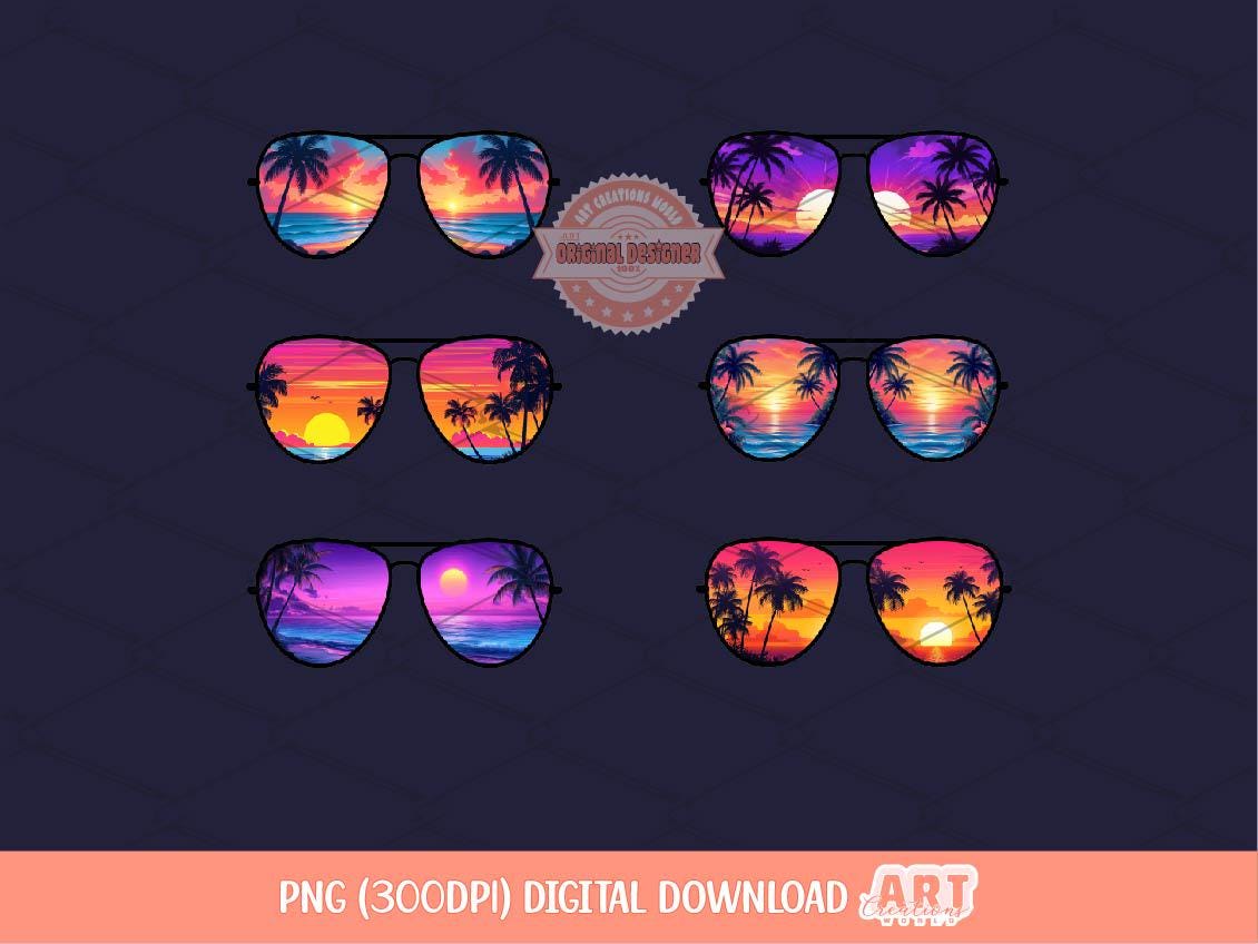 Tropical Sunset Sunglasses PNG Bundle, Summer Vacation Sublimation, Neon Beach Palm Tree Glasses Clipart