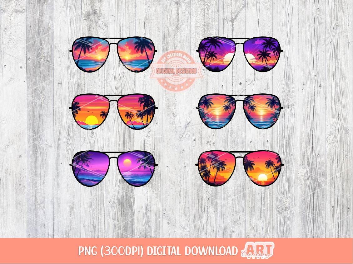 Tropical Sunset Sunglasses PNG Bundle, Summer Vacation Sublimation, Neon Beach Palm Tree Glasses Clipart