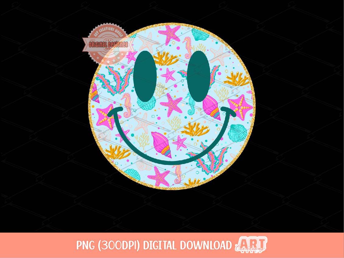 Preppy Under the Sea Smiley PNG, Coastal Summer Sublimation Shirt Design (Digital Download)