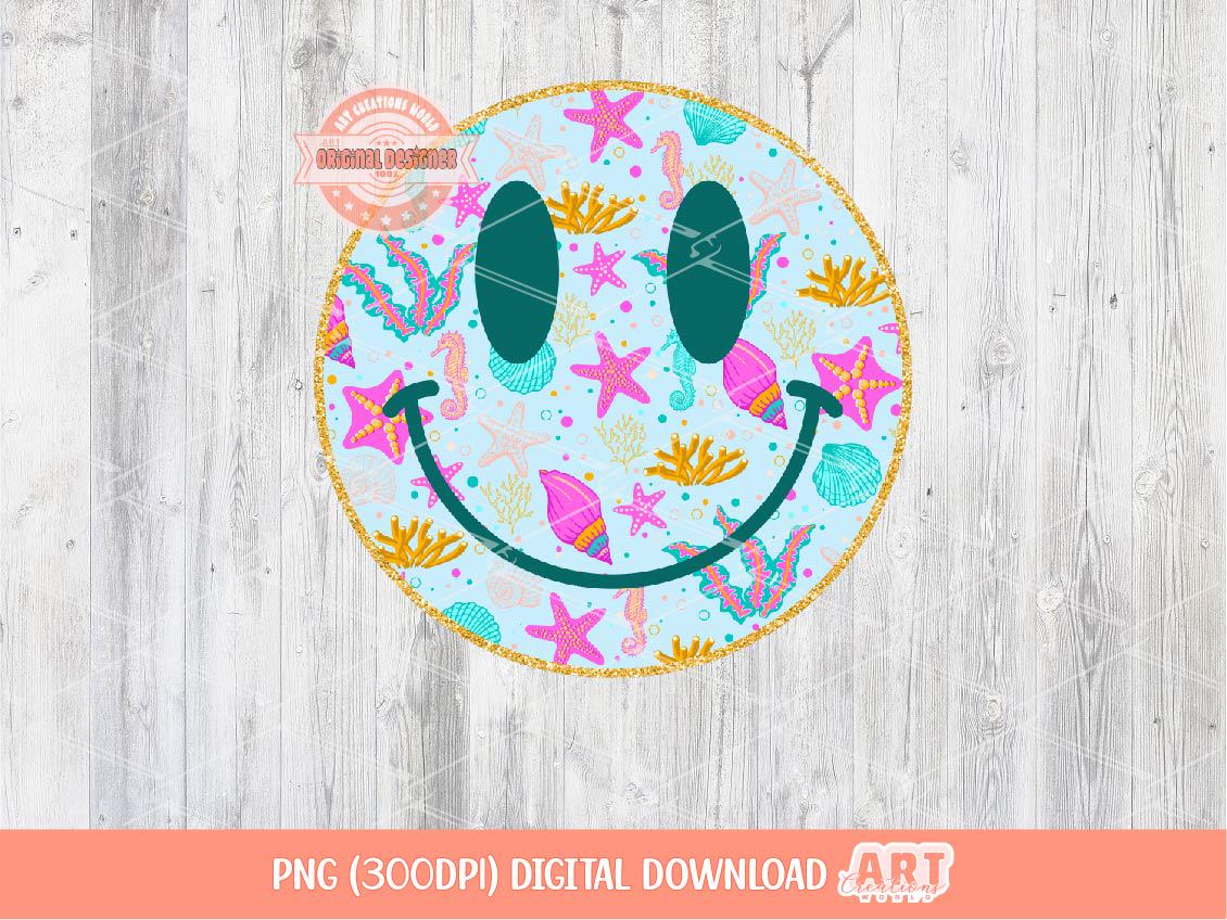 Preppy Under the Sea Smiley PNG, Coastal Summer Sublimation Shirt Design (Digital Download)