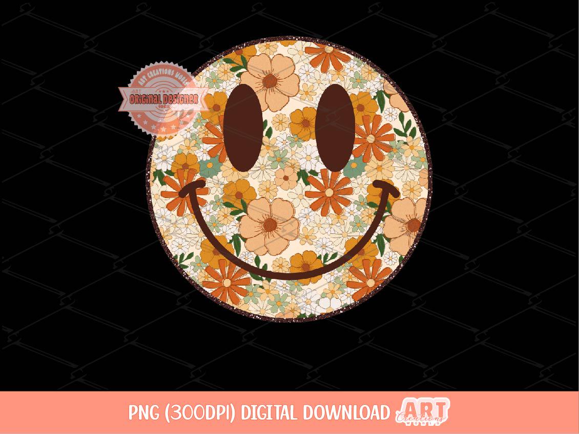 Retro Groovy Floral Smiley Face PNG, Trendy Sublimation Shirt Design