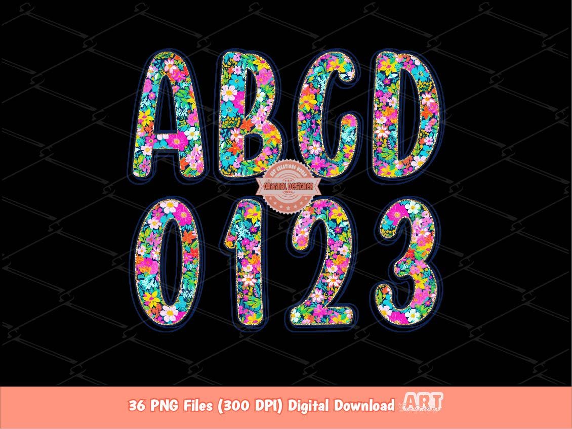 Floral Alphabet PNG, Hand Drawn Flower Letters & Numbers Clipart (Digital Download)