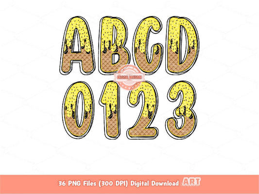 Yellow Black Sprinkle Drip Alphabet PNG, Hand Drawn Drippy Ice Cream Doodle letters, numbers 0-9 Clipart Waffle Cone Alpha Digital Download