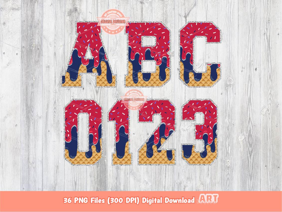 Red Navy Drip Varsity Alphabet PNG, Patriotic Drippy Ice Cream Letters & Numbers Clipart