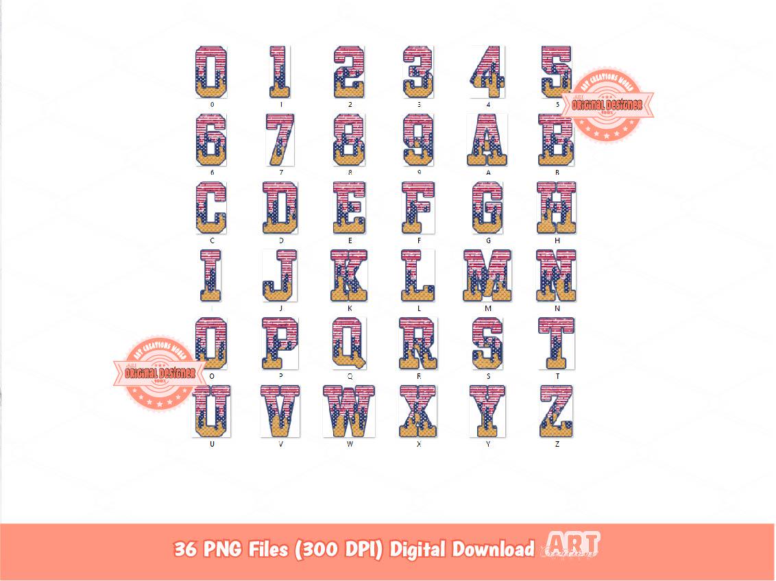 4th of July Drip Alphabet PNG, Stars & Stripes Letters and Numbers Sports Clipart