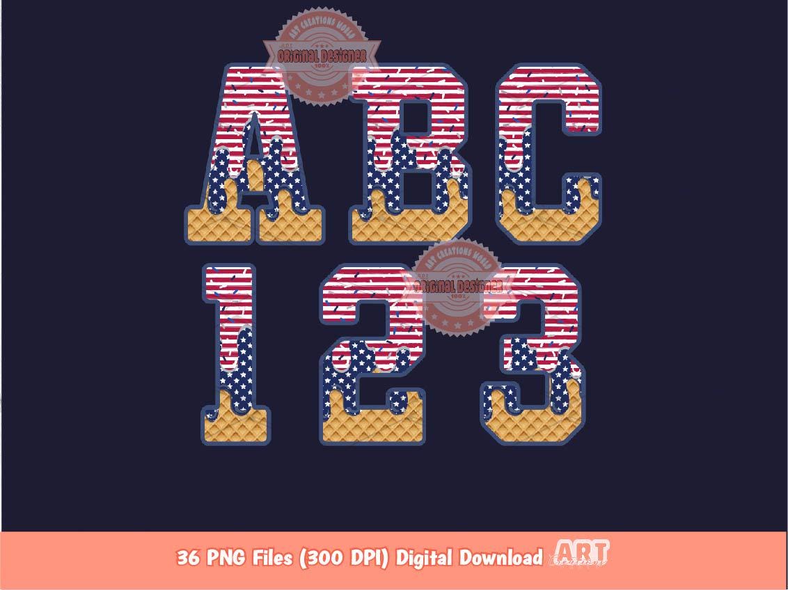 4th of July Drip Alphabet PNG, Stars & Stripes Letters and Numbers Sports Clipart