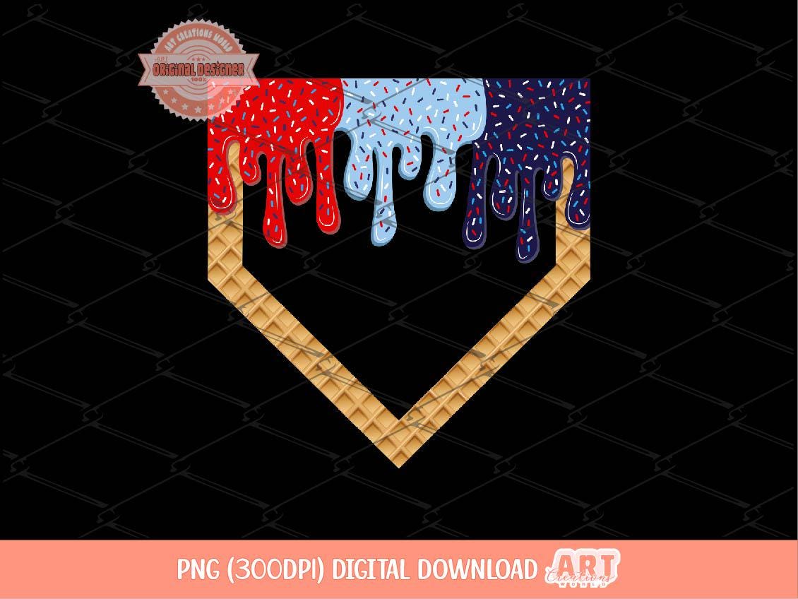 Drip Patriotic Home Plate PNG, Drippy Red Navy Blue 4th of July Baseball Sublimation