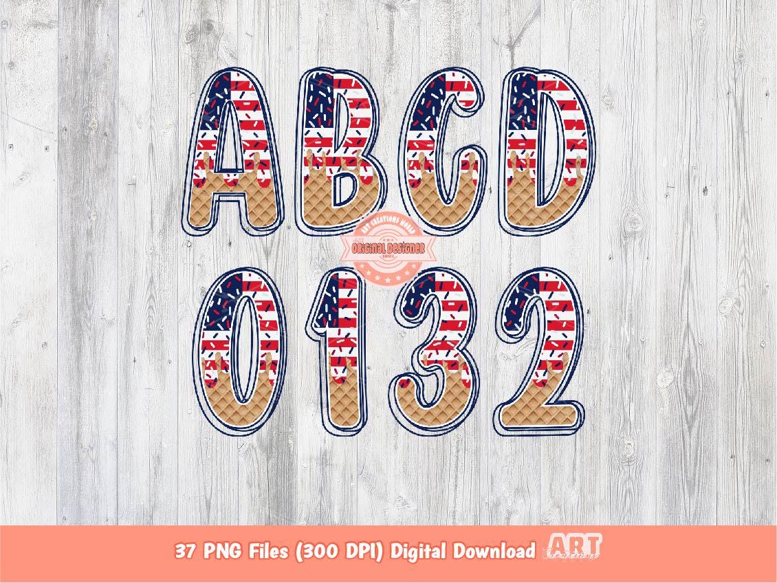 4th of July Drip Alphabet PNG, Red White Blue Patriotic Doodle Letters & Numbers Clipart