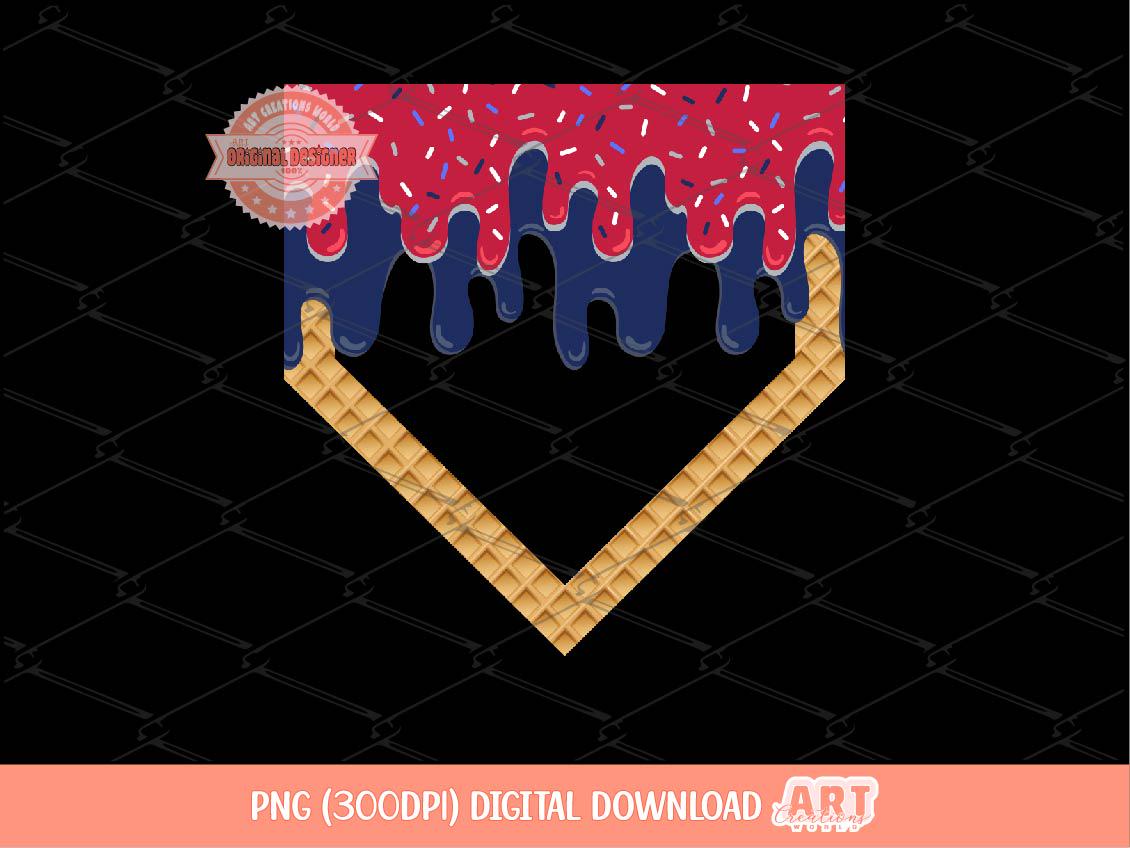 Red Navy Drip Home Plate PNG, Patriotic Baseball Ice Cream Cone Sublimation Shirt Design