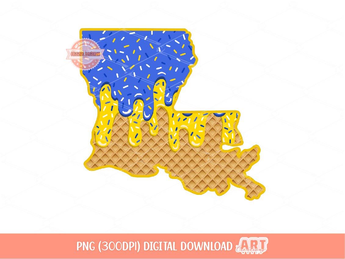 Blue Gold Sprinkle Drip Louisiana PNG, Custom Drippy Ice Cream US State Waffle Cone Png for Sublimation & dtf Shirt Design Digital Download