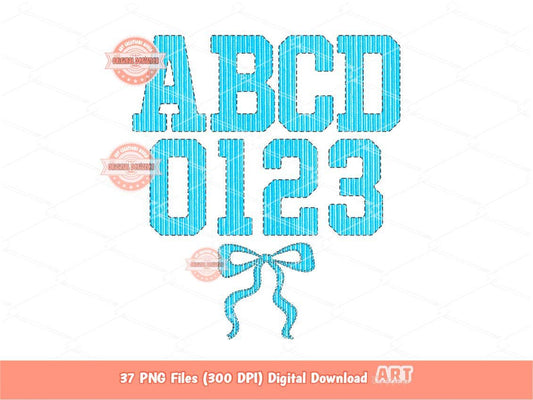 Seersucker Varsity Alphabet PNG, Preppy Blue Striped Sport letters, numbers 0-9 Clipart, Trendy Grand millennial Alpha Set Digital Download