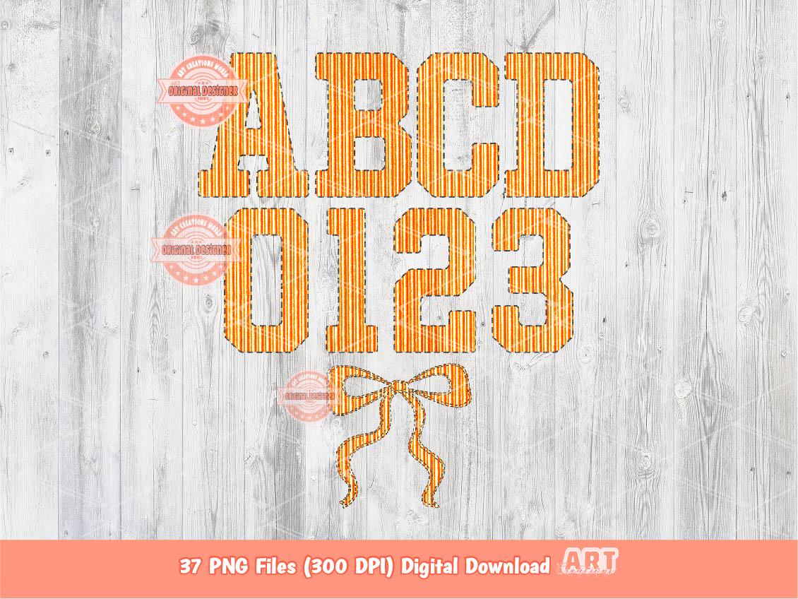 Seersucker Varsity Alphabet PNG, Orange Striped Letters & Numbers Clipart