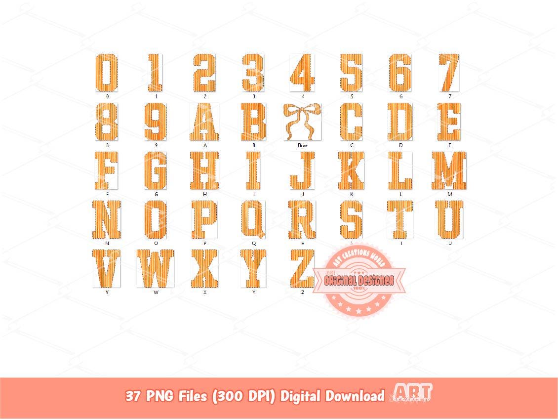 Seersucker Varsity Alphabet PNG, Orange Striped Letters & Numbers Clipart