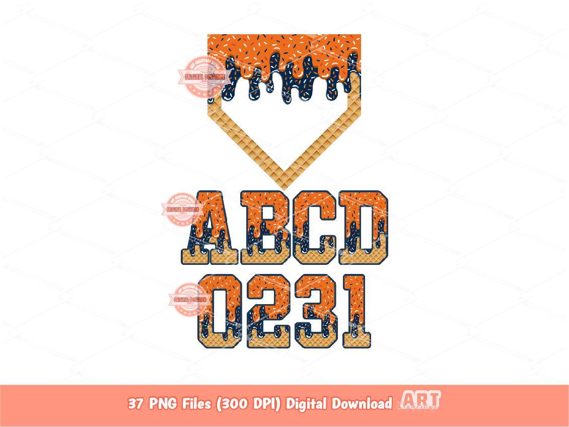 Orange Navy Sprinkle Drip Varsity Alphabet & Home Plate PNG Bundle, Drippy Ice Cream Waffle cone Sports letters, numbers 0-9 Alpha Clipart
