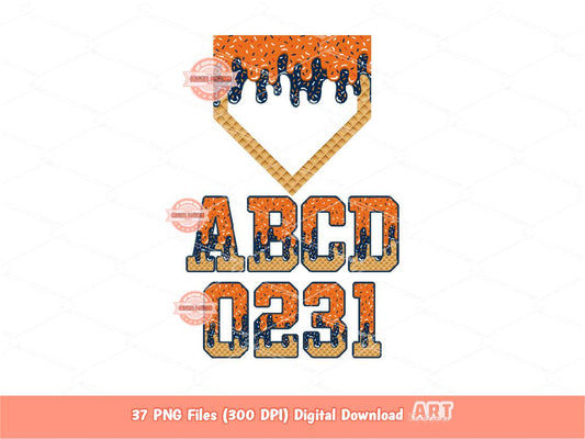 Orange Navy Sprinkle Drip Varsity Alphabet & Home Plate PNG Bundle, Drippy Ice Cream Waffle cone Sports letters, numbers 0-9 Alpha Clipart