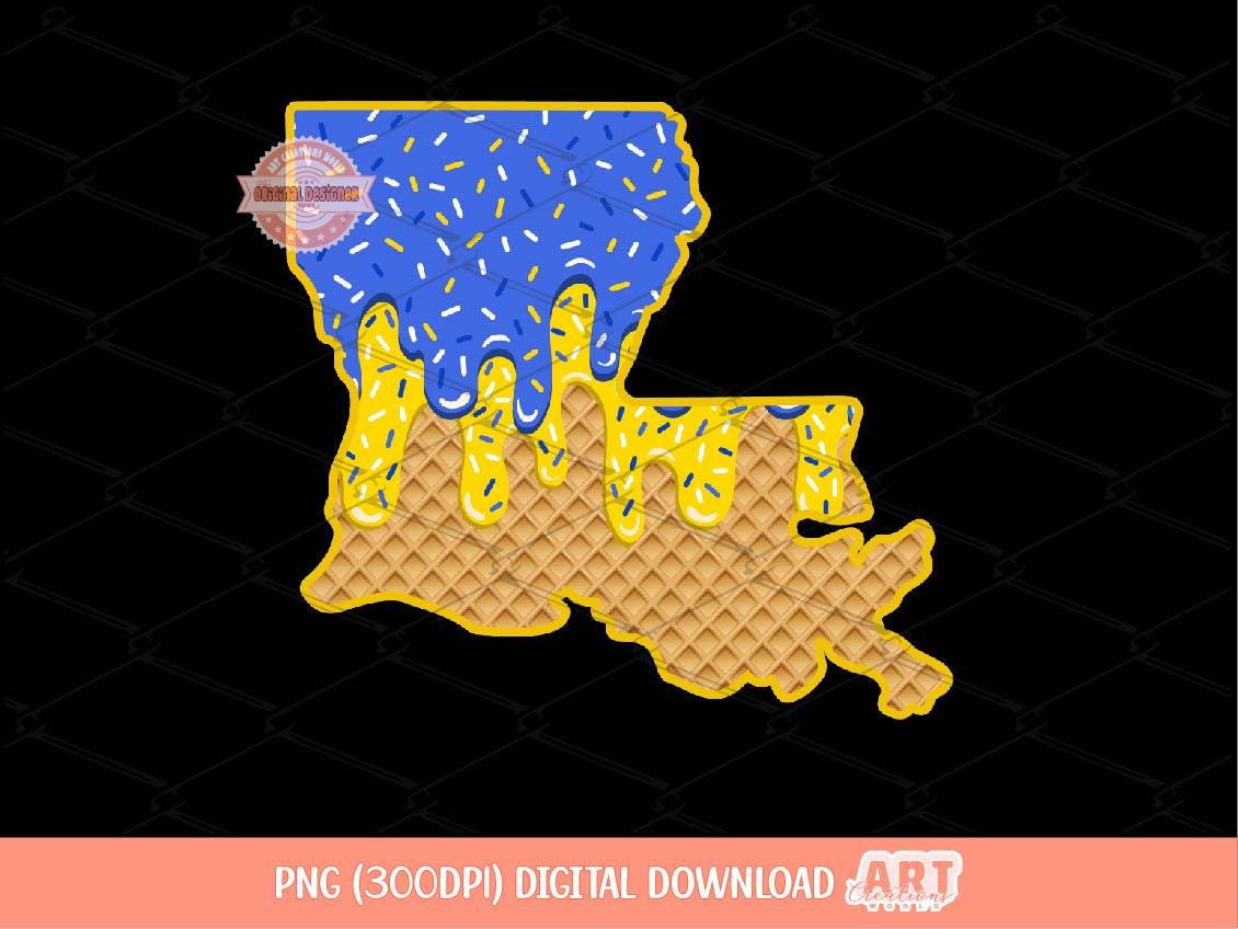 Blue Gold Sprinkle Drip Louisiana PNG, Custom Drippy Ice Cream US State Waffle Cone Png for Sublimation & dtf Shirt Design Digital Download