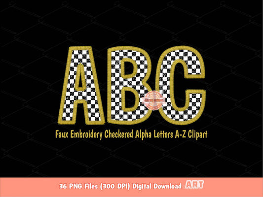 Old Gold Faux Embroidery Checkered Letters PNG, Racing Black and white Alpha Set Clipart, Checkerboard Alphabet Sublimation Digital Download