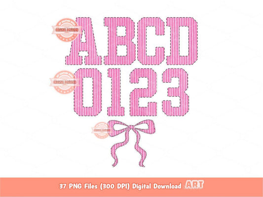 Seersucker Varsity Alphabet PNG, Preppy Pink Striped Sport letters, numbers 0-9 Clipart, Trendy Grand millennial Alpha Set Digital Download