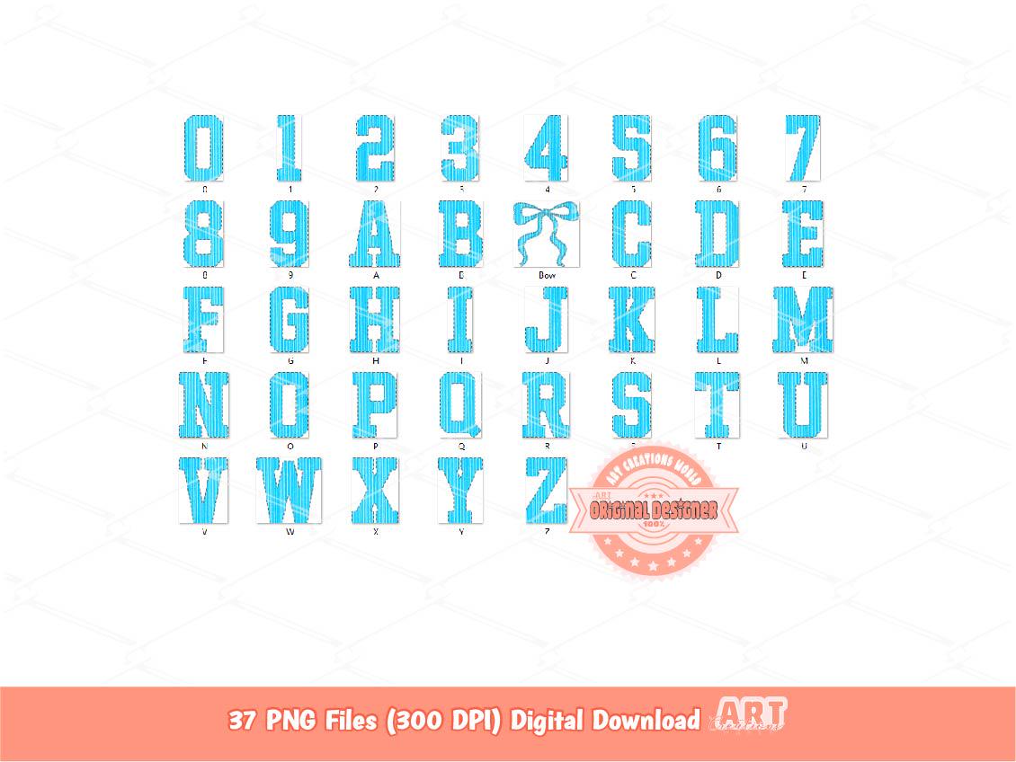 Seersucker Varsity Alphabet PNG, Preppy Striped Blue Letters & Numbers Clipart (Digital Download)