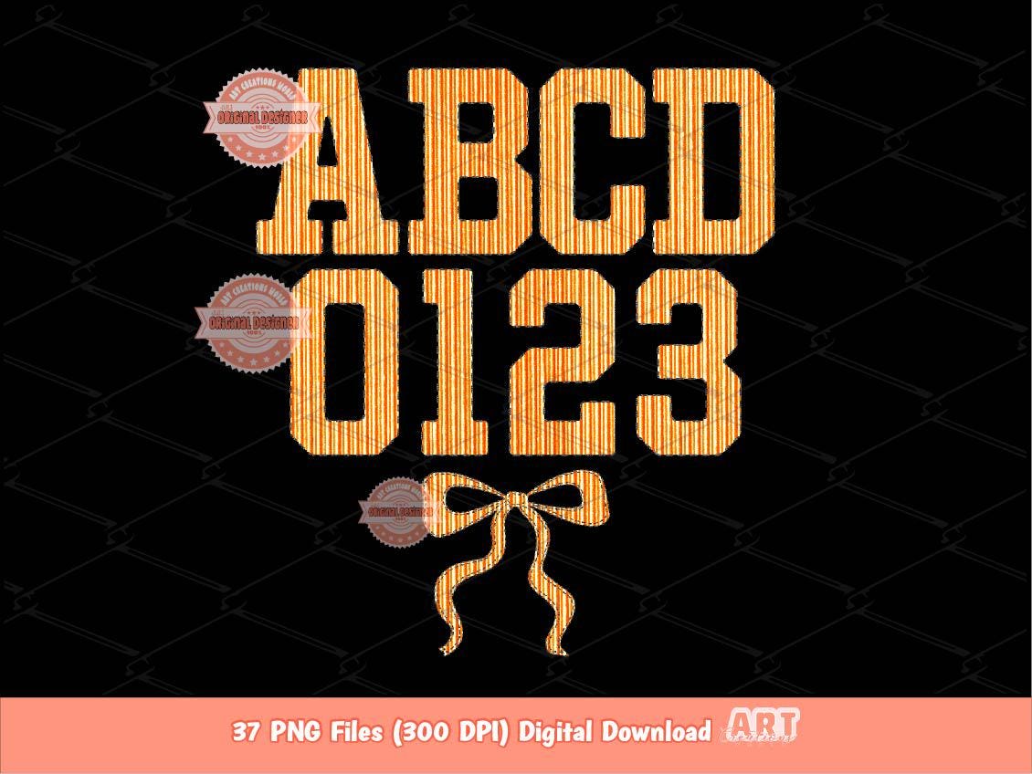 Seersucker Varsity Alphabet PNG, Orange Striped Letters & Numbers Clipart
