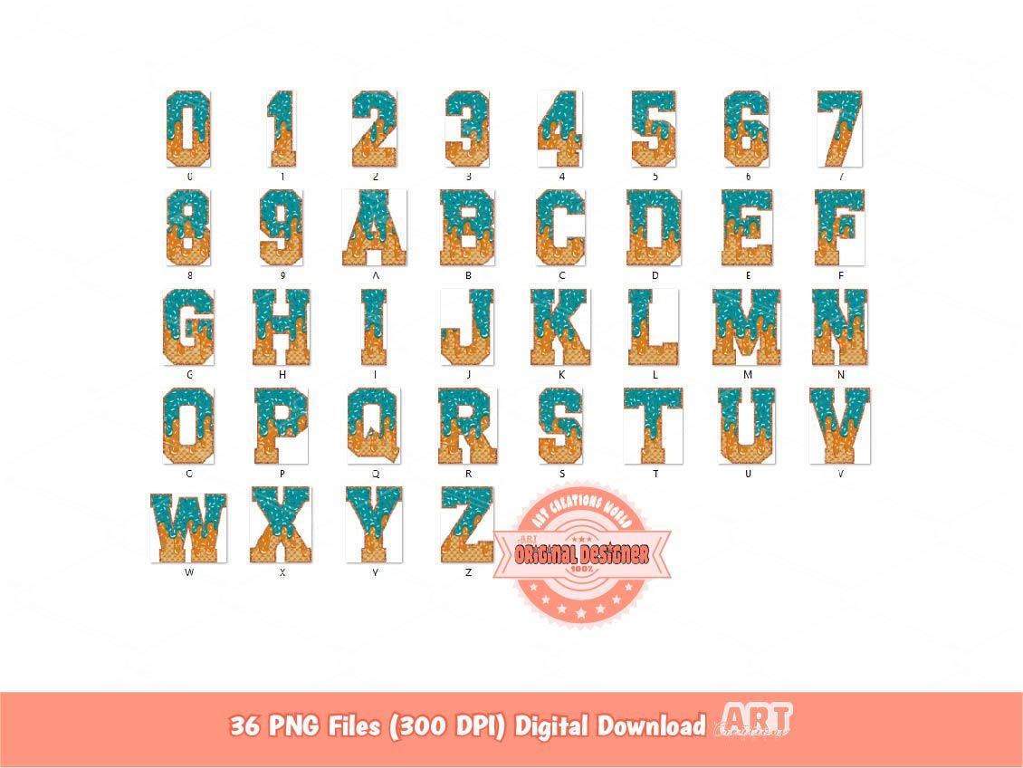 Orange Teal Drip Alphabet PNG, Drippy Ice Cream Sports Letters & Numbers Clipart