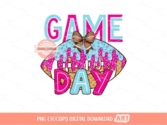 Preppy Drip Football Game Day PNG, Sweet Drippy Pink blue Ice Cream Waffle Football bow Sublimation, dtf Girls Shirt Design Digital Download