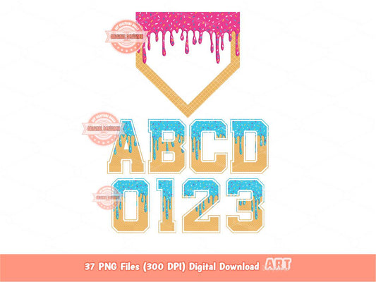 Sprinkle Drip Varsity Alphabet PNG, Drippy Pink & Blue Ice Cream Sports letters, numbers 0-9 Clipart, Waffle Cone Alpha Set and Home Plate