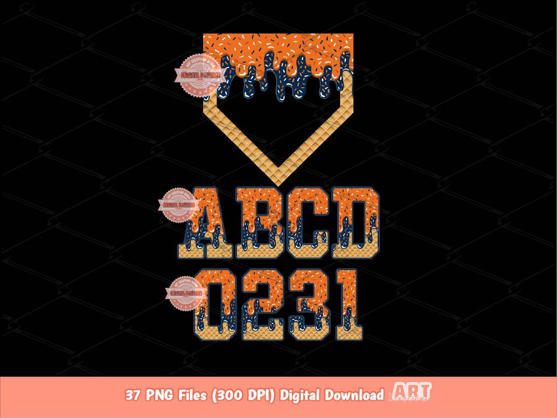 Orange Navy Sprinkle Drip Varsity Alphabet & Home Plate PNG Bundle, Drippy Ice Cream Waffle cone Sports letters, numbers 0-9 Alpha Clipart