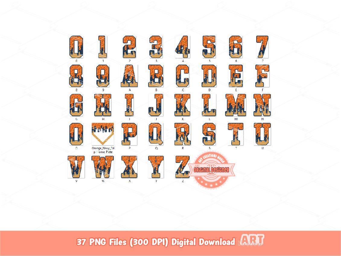Orange Navy Sprinkle Drip Varsity Alphabet & Home Plate PNG Bundle, Drippy Ice Cream Waffle cone Sports letters, numbers 0-9 Alpha Clipart