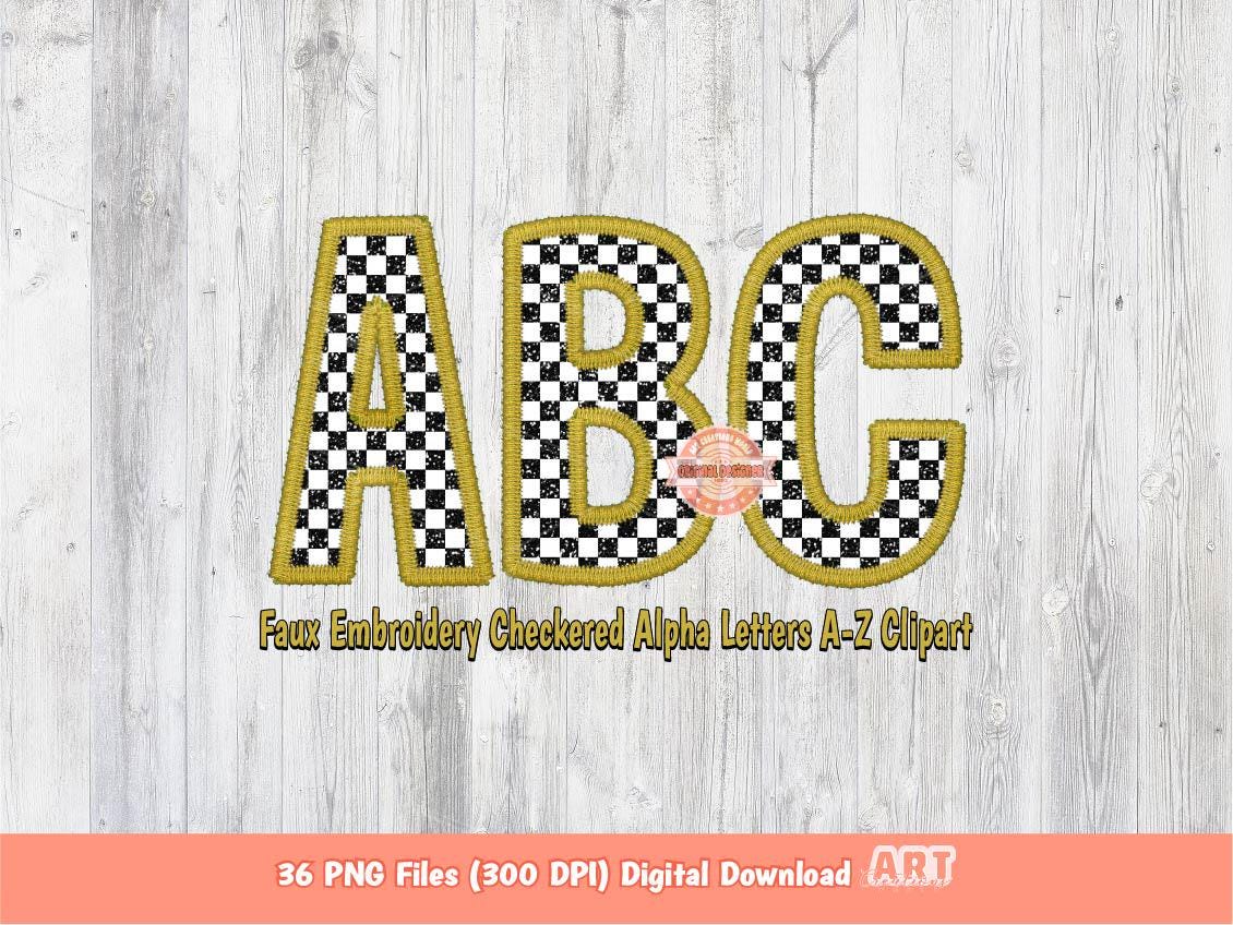 Checkered Alphabet PNG, Faux Embroidery Gold Racing Letters (Digital Download)