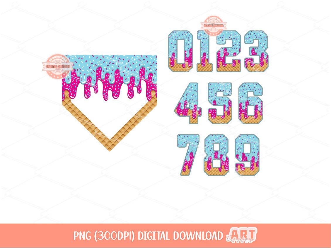 Drip Numbers & Home Plate PNG Bundle, Pink Blue Ice Cream Baseball Game Day Clipart