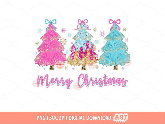 Preppy Pink Drip Christmas Png, Coquette Bright Neon Pink Blue Ice Cream Merry Christmas 3 trees with Bows gold Glitter sublimation, Dtf