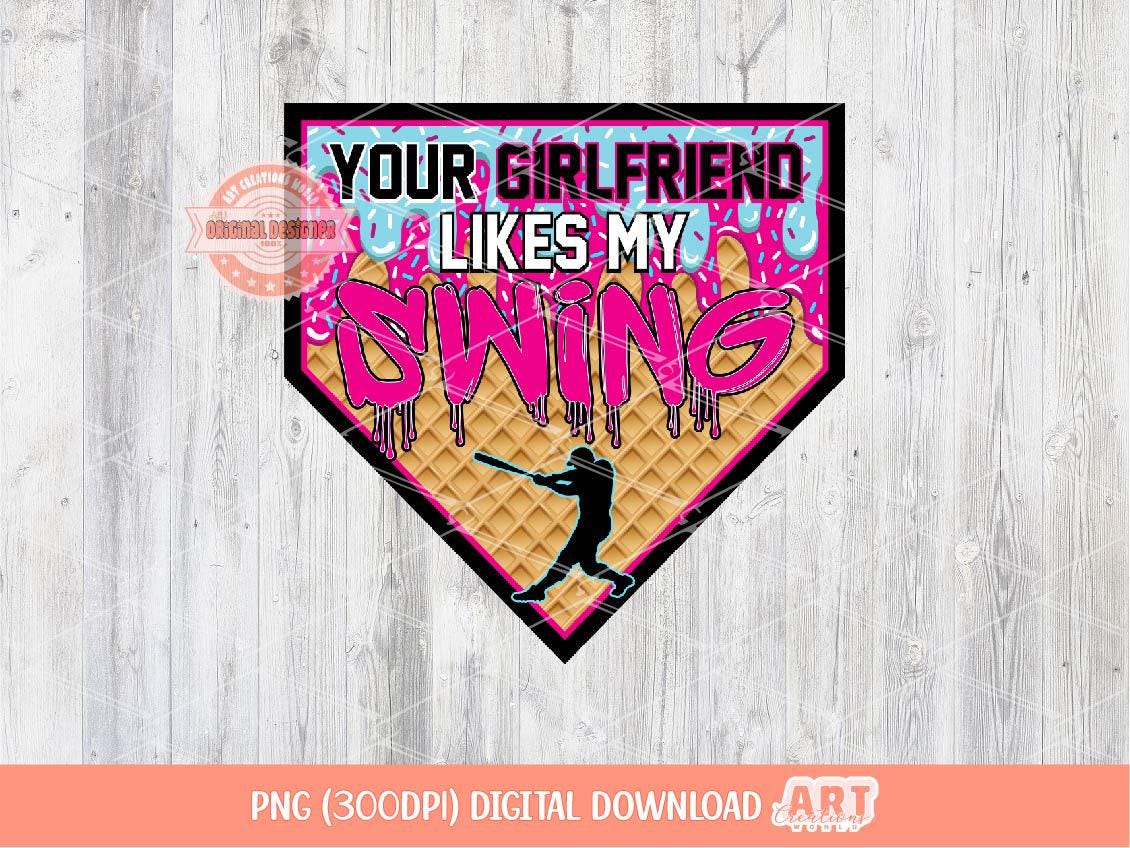 Your Girlfriend Likes My Swing PNG, Pink & Blue Sprinkle Drip Ice Cream Waffle Cone Baseball Png Sublimation Shirt Design Digital Download