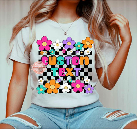 Neon Checkered Floral Background PNG, Colorful Bright Groovy daisy flowers Check frame Clipart Coquette Preppy Girly frames PNG Sublimation