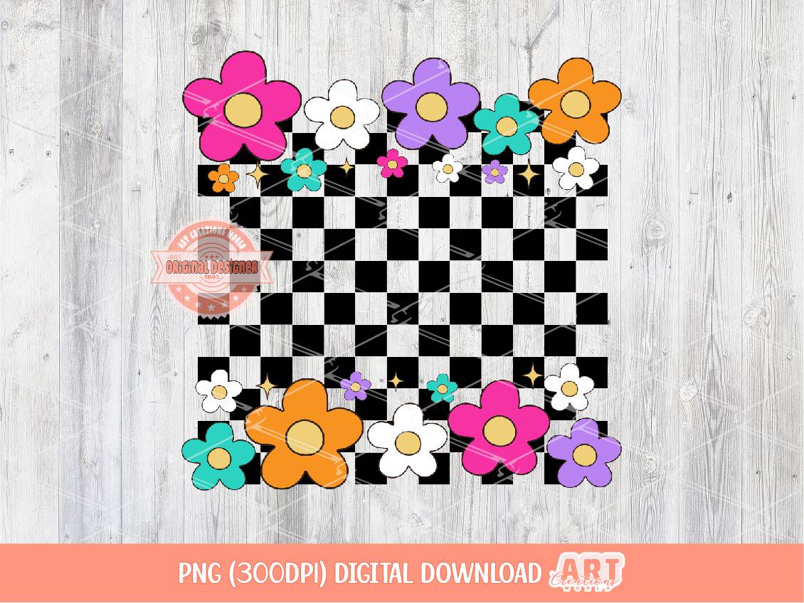 Neon Checkered Floral Background PNG, Colorful Bright Groovy daisy flowers Check frame Clipart Coquette Preppy Girly frames PNG Sublimation