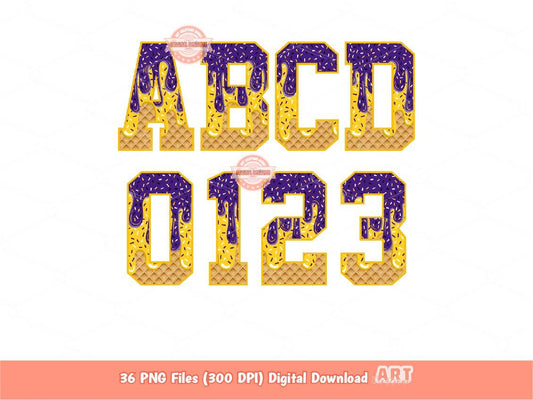 Purple Gold Drip Alphabet PNG, Trendy Drippy Sprinkle Ice Cream Sports Letters & Numbers Clipart Waffle Football Alpha Png Digital Download