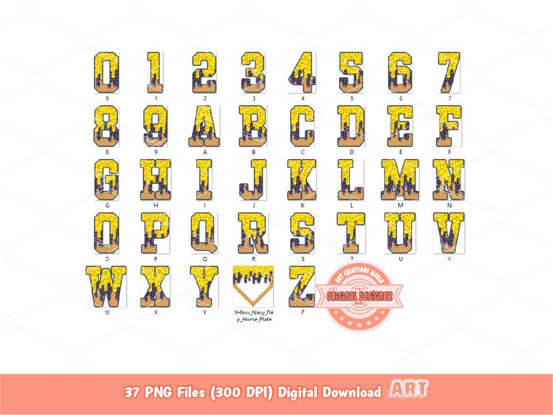 Drippy Sports Alphabet PNG Bundle: Yellow Navy Ice Cream Letters and Numbers (Digital Download)