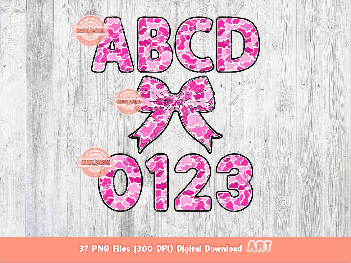 Pink Camo Alphabet PNG, Distressed Letters, Numbers, Coquette Bow Clipart