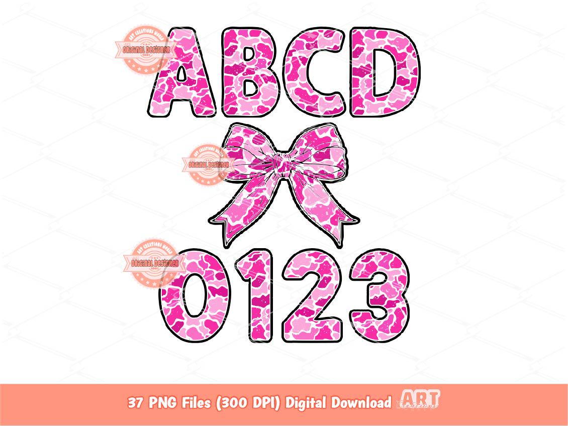 Pink Camo Alphabet PNG, Distressed Letters, Numbers, Coquette Bow Clipart