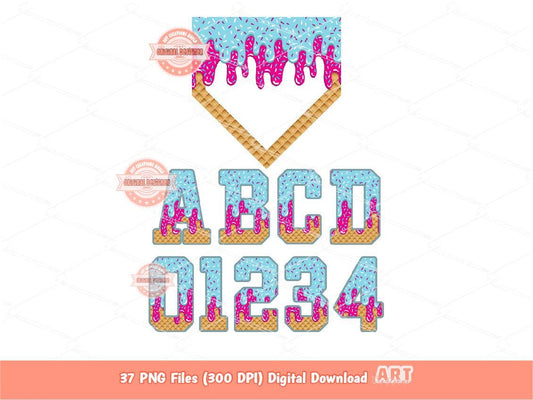 Pink Blue Drip Alphabet Home Plate PNG Bundle, Trendy Drippy Sprinkle Ice Cream Sports letters & numbers 0-9 Clipart Waffle Cone Alpha Set