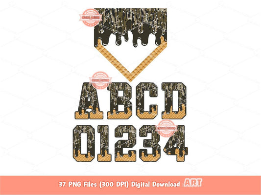 Bottomland Camo Drip Alphabet and Home Plate PNG Bundle, Hunting Ice Cream Boys Sports letters & numbers 0-9 Clipart Waffle Cone Alpha Set