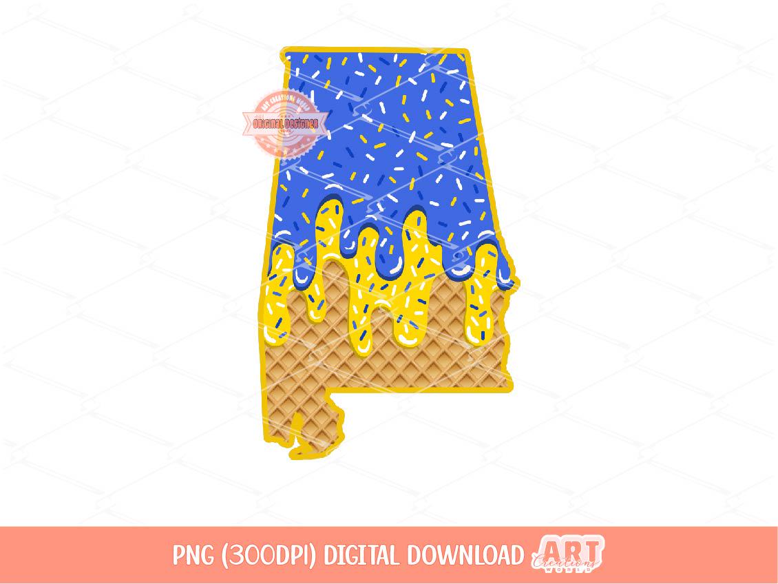 Blue Gold Drip Alabama PNG, Custom Drippy Sprinkle Ice Cream US State Waffle Cone Png for Sublimation & dtf Shirt Design Digital Download