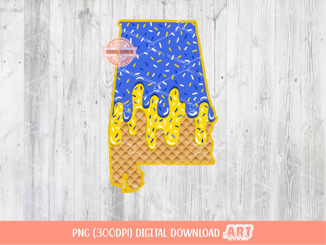 Blue Gold Drip Alabama PNG, Custom Drippy Sprinkle Ice Cream US State Waffle Cone Png for Sublimation & dtf Shirt Design Digital Download
