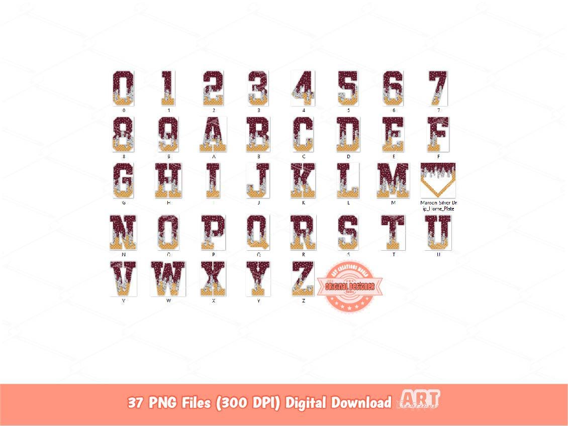 Maroon Grey Drip Alphabet Home Plate PNG Bundle, Trendy Drippy Sprinkle Ice Cream Sports letters & numbers 0-9 Clipart Waffle Cone Alpha Set