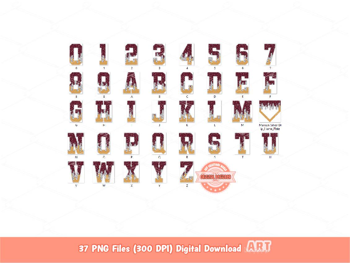Drip Baseball Alphabet PNG Bundle, Drippy Maroon Silver Grey Letters Numbers Home Plate Clipart