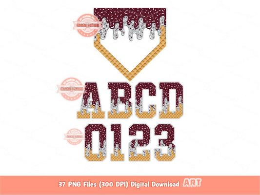 Maroon Grey Drip Alphabet Home Plate PNG Bundle, Trendy Drippy Sprinkle Ice Cream Sports letters & numbers 0-9 Clipart Waffle Cone Alpha Set