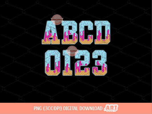 Pink Blue Drip Letters & Numbers PNG, Trendy Drippy Sprinkle Ice Cream Sports Alphabet Set Clipart Waffle Baseball Alpha Digital Download
