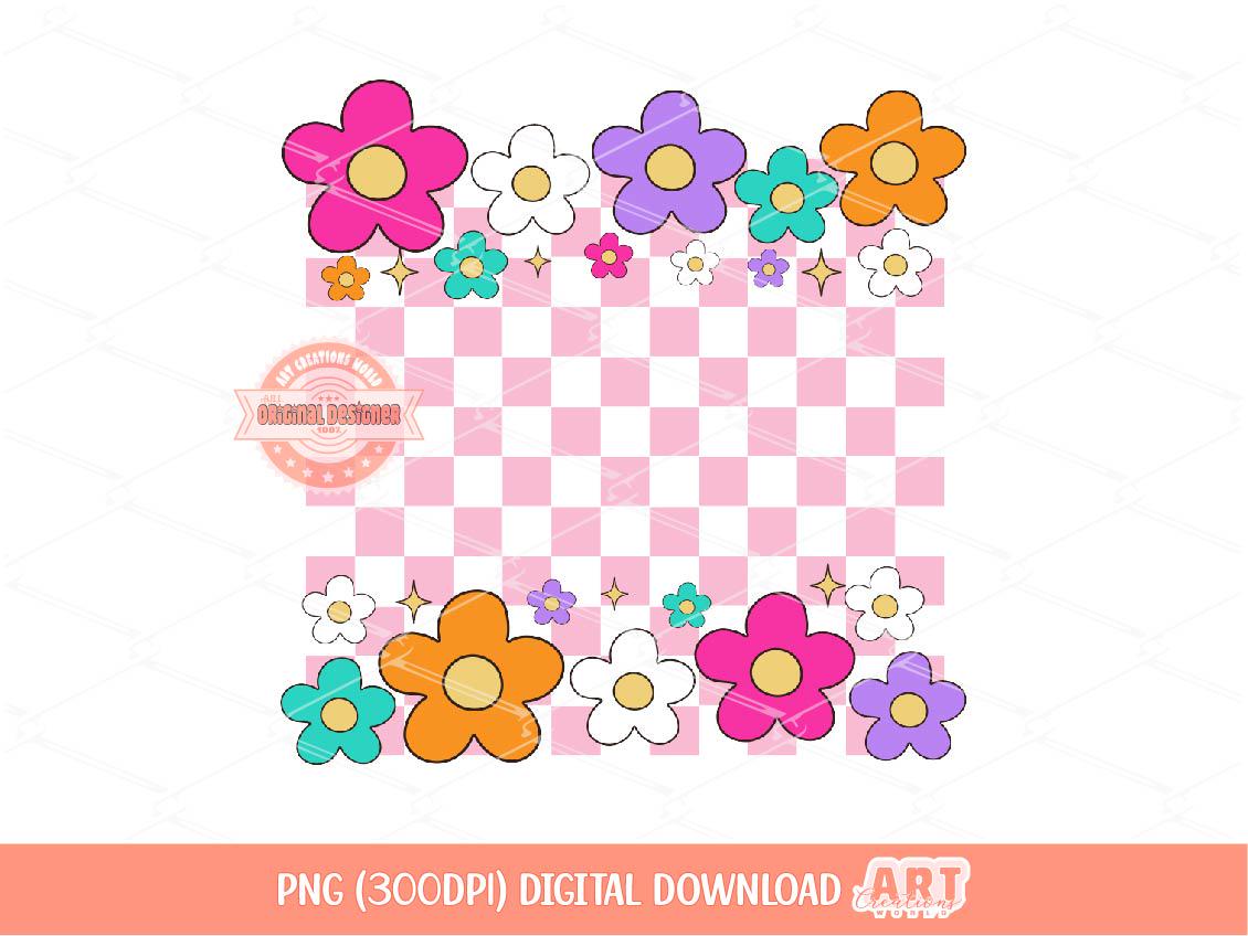Neon Checkered Floral Background PNG, Colorful Bright Groovy daisy flowers Check frame Clipart Coquette Preppy Girly frames PNG Sublimation
